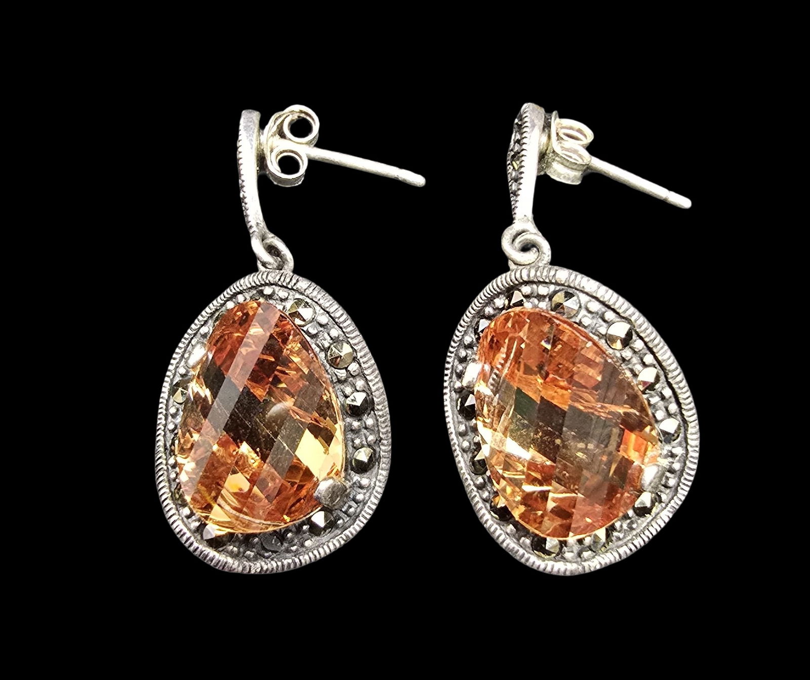 Gorgeous Vintage Sterling Silver, Macarsite & Orange Gemstone Earrings (1 of 2)