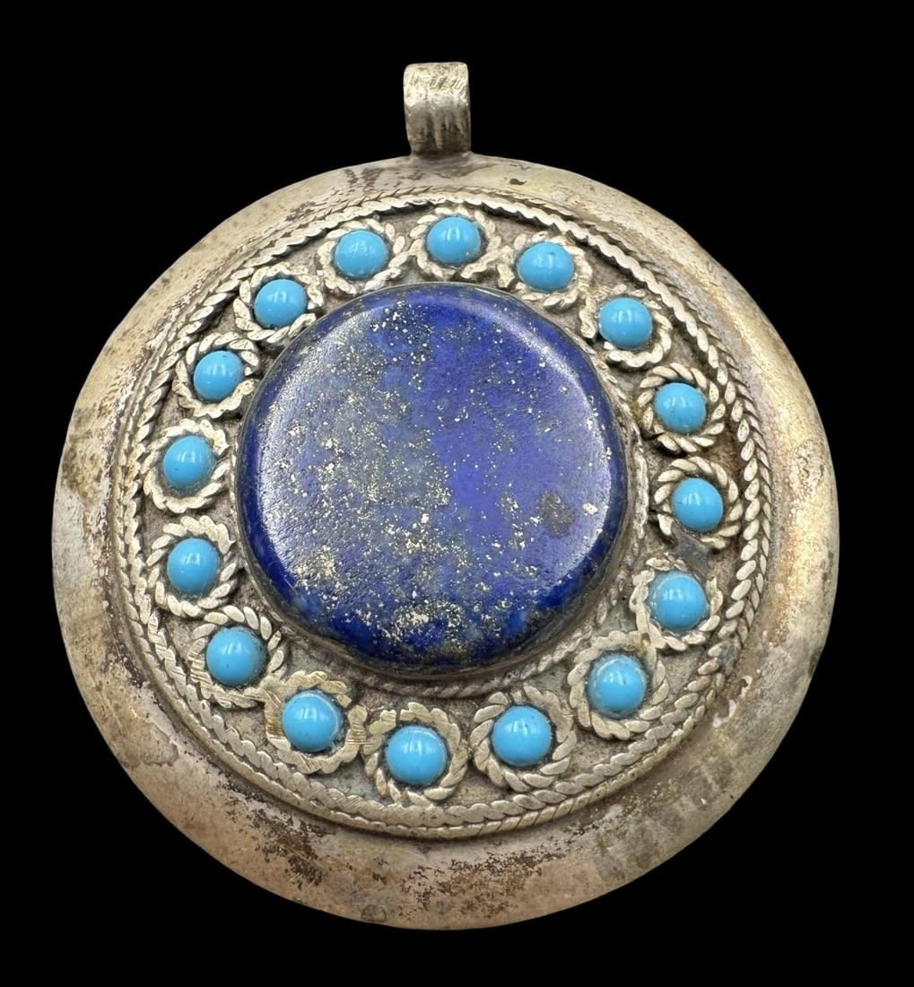 Antique Oriental 900 Silver, Lapis Lazuli & Turquoise Pendant: Very good vintage condition with minor patina according to age. Measures approx. 1 5/8" in diameter & weighs ca. 21 grams. Tested for a minimum of 900 Silver.