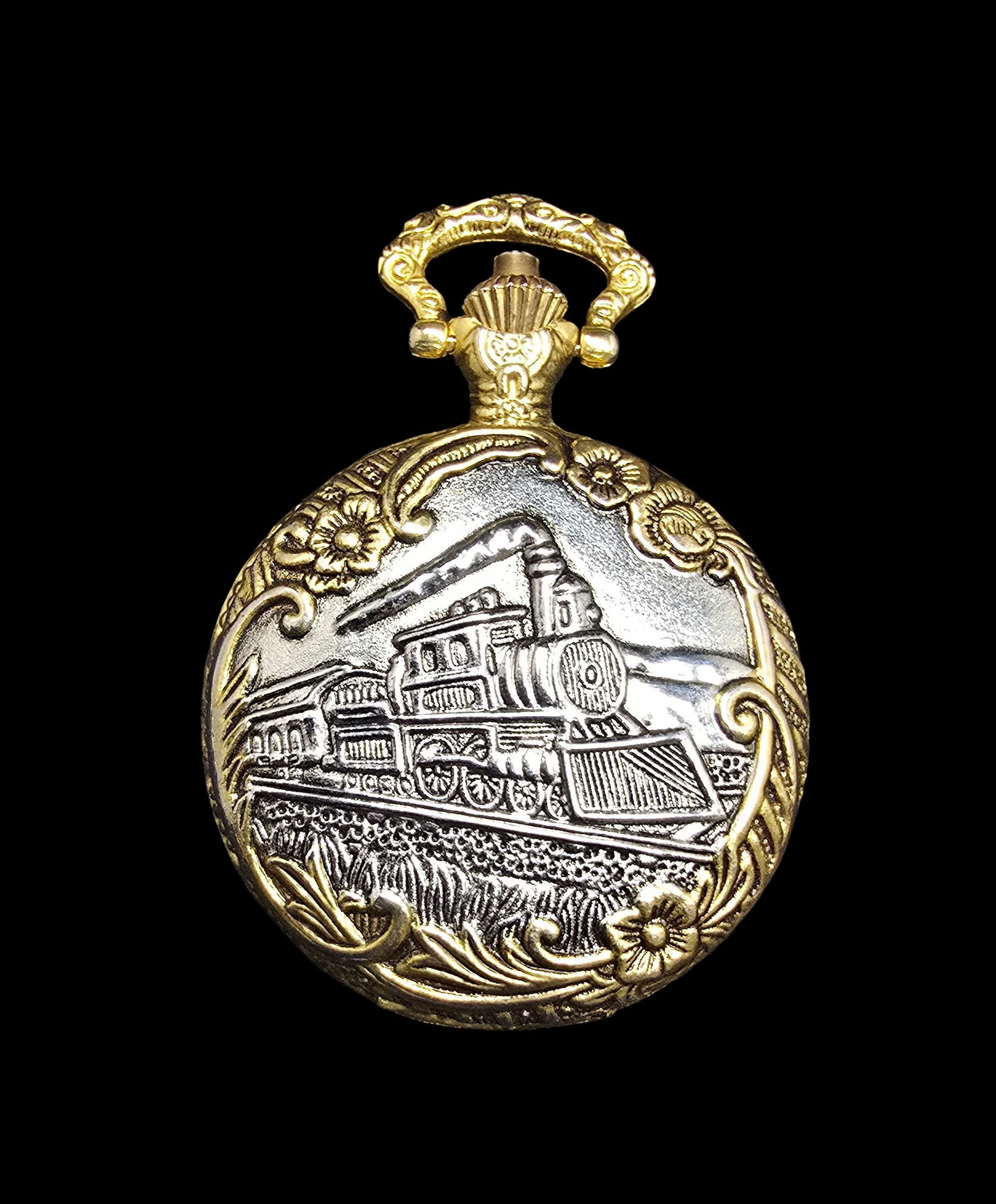 Ornate Vintage Two-Tone Metal Pocket Watch /w Train / Railroad Theme (1 of 5)