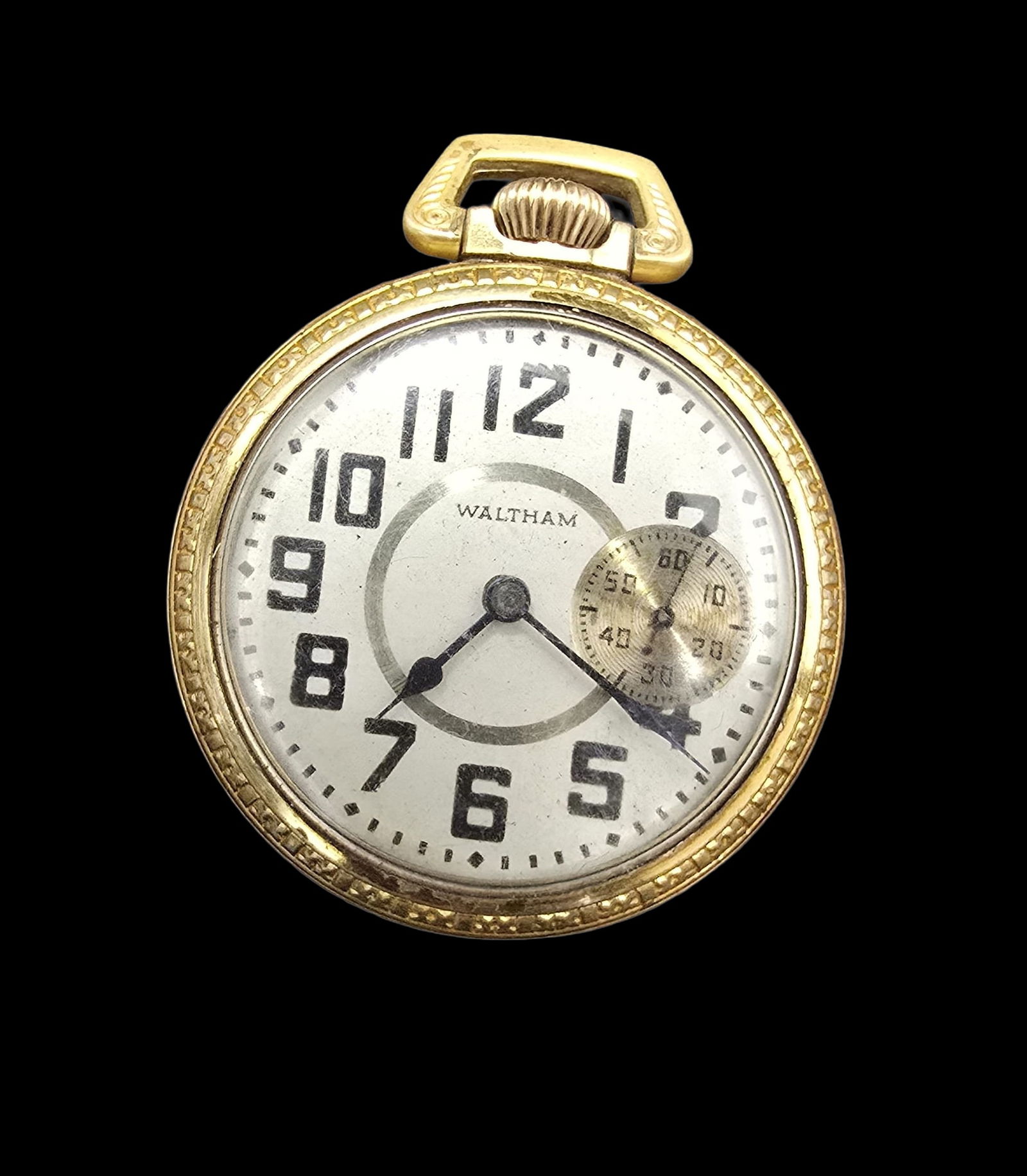 Gorgeous Ornate WALTHAM Gold-Tone Metal Pocket Watch /w Train / Railroad Theme: Very good vintage condition with minor patina according to age. Measures approx. 3" long x 2" wide and weighs ca. 93 grams.