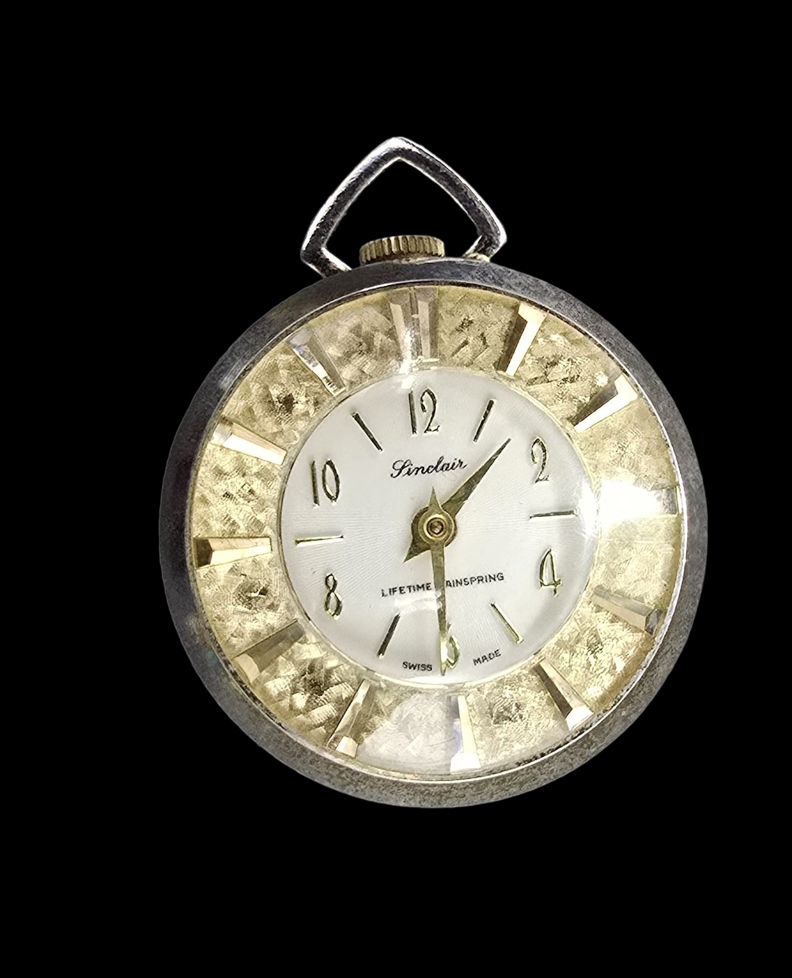 Ornate Swiss SINCLAIR Silver-Tone metal Pocket Watch /w Beautiful Dial: Very good vintage condition with minor patina according to age. Measures approx. 1 1/2" long x 1" wide and weighs ca. 24 grams.