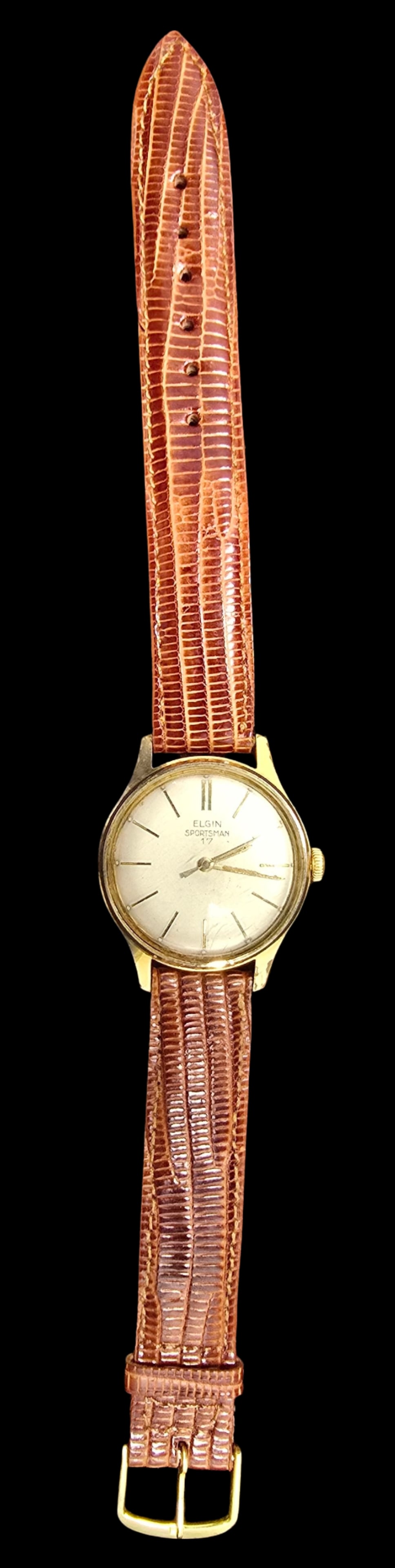 Vintage ELGIN Sportsman Gold-Tone Watch /w Beige Dial & Brown Leather Strap: Very good vintage condition with minor patina according to age. Measures approx. 9" long (strap) and weighs ca. 33 grams. Marked ELGIN.