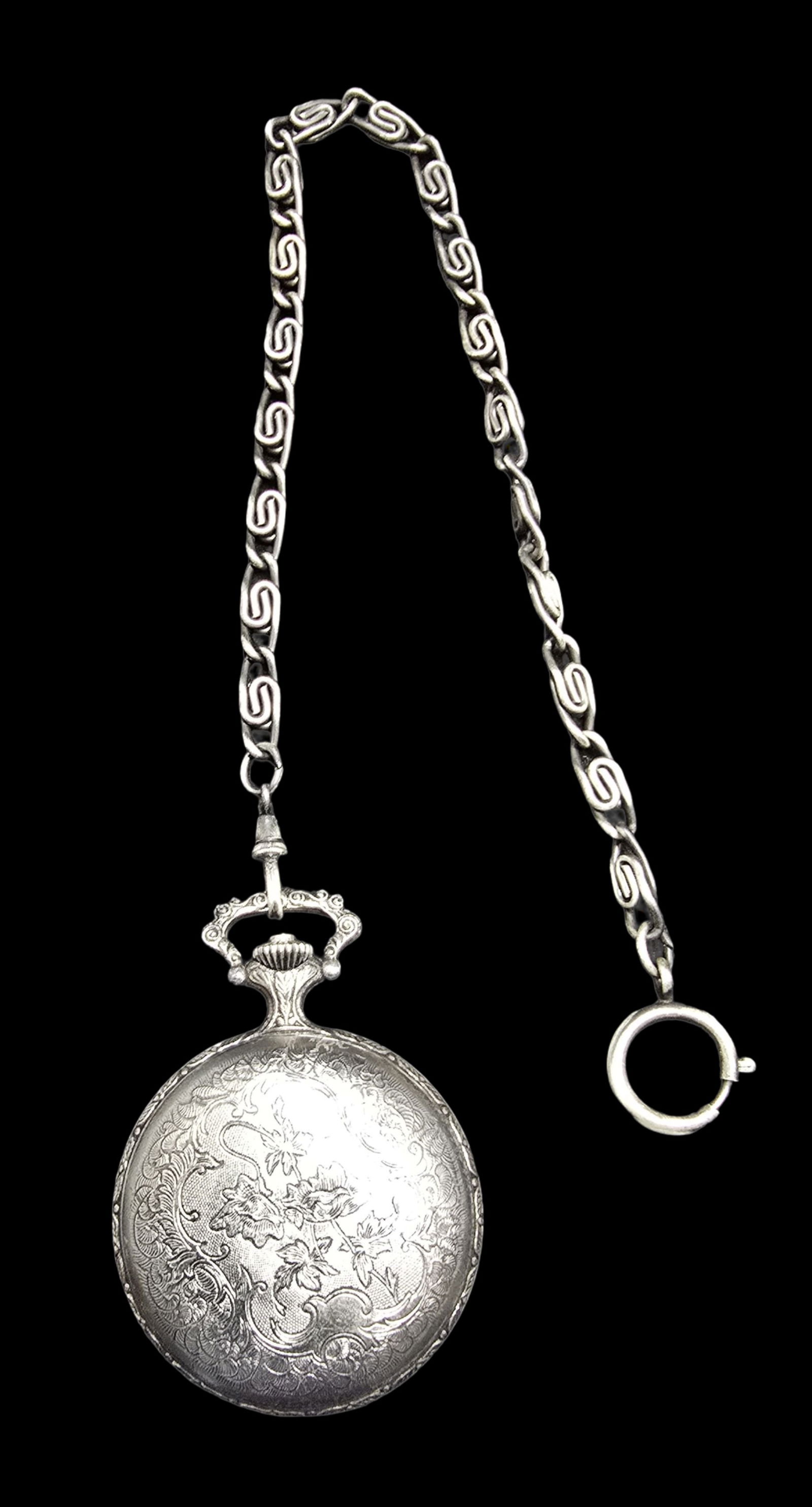 Ornate Vintage ANDRE RIVALLE 17 Jewels Pocket Watch /w Amazing Chain: Very good vintage condition with minor patina according to age. Measures approx. 3" long x 2" wide and weighs ca. 85.5 grams.
