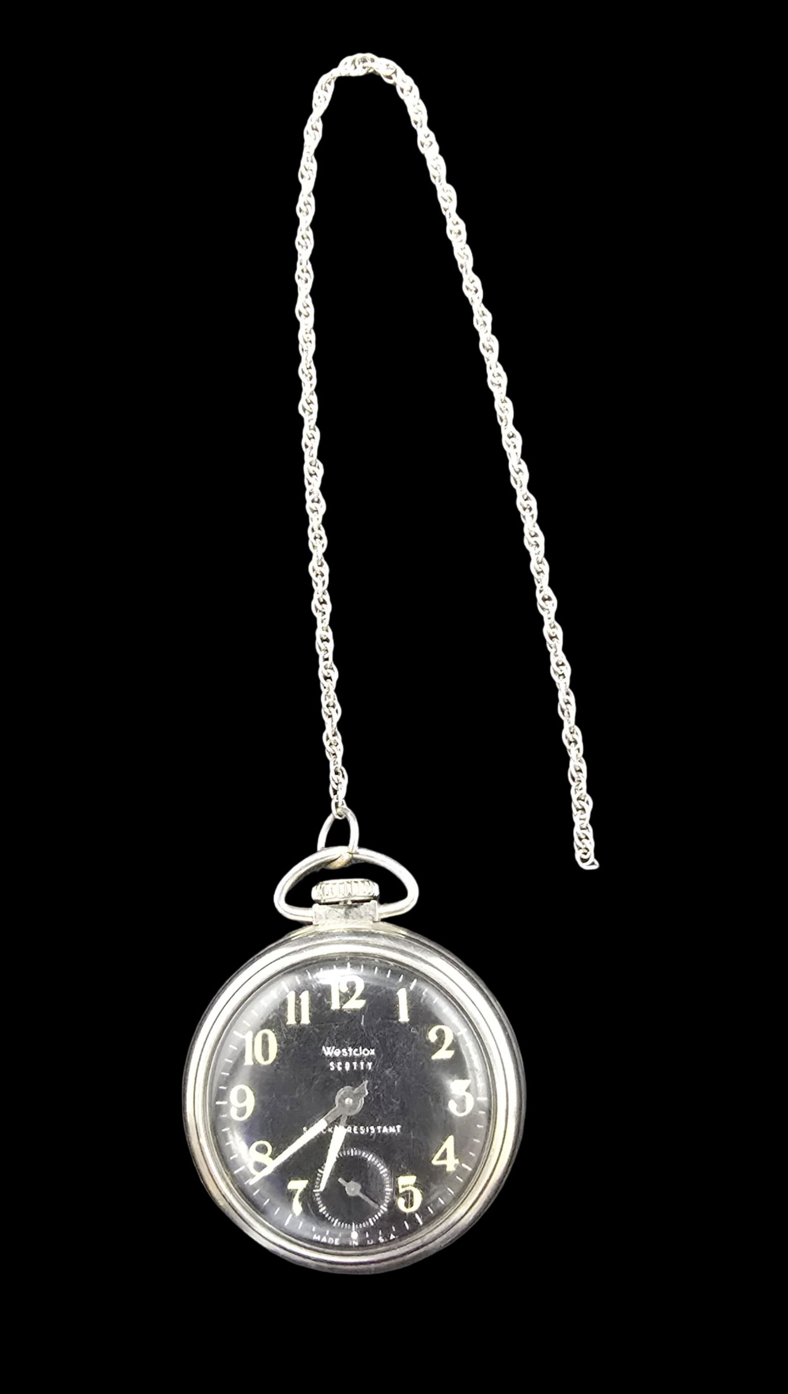 Great Vintage WESTCLOX SCOTTY Silver-Tone Pocket Watch /w Black Dial & Beautiful Chain (1 of 5)