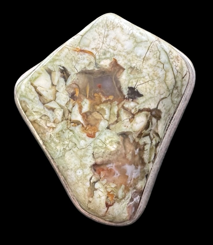 Massive & Ornate Vintage Sterling Silver & Natural Stone Ring: Very good vintage condition with minor patina according to age. Measures approx. 1" long and 7/8" wide & weighs ca. 15.2 grams. The ring is a size 6. Marked for Sterling Silver.