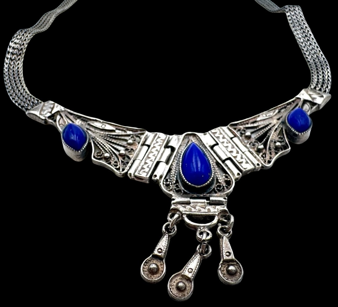 Very Unusual Handmade Vintage Sterling Silver & Lapis Lazuli Pendant Necklace (1 of 6)