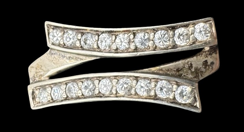 Vintage Sterling Silver & Clear Gemstone Pendant: Very good vintage condition with minor patina according to age. Measures approx. 7/8" long and 3/8" wide & weighs ca. 3.2 grams. Tested for Sterling Silver.