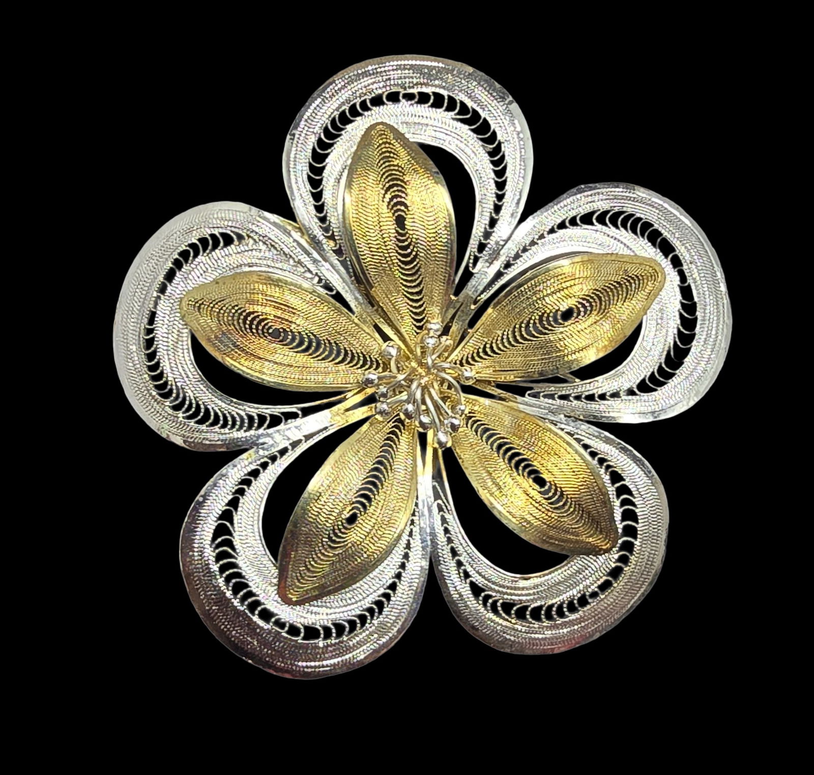 Gorgeous Ornate Vintage Sterling Silver Two-Tone Filigree Pendant Charm: Very good vintage condition with minor patina according to age. Measures approx. 2" in diameter and weighs ca. 10.5 grams. Marked for Sterling Silver.