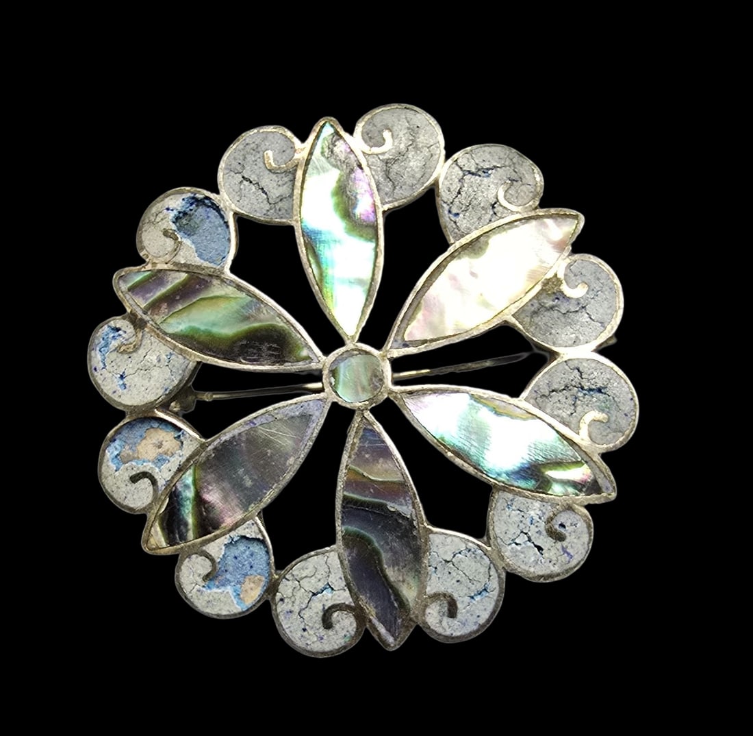 Beautiful Vintage Mid-Century TAXCO Mexico Sterling Silver Enamel & Inlay MOP Flower Brooch Pin (1 of 3)