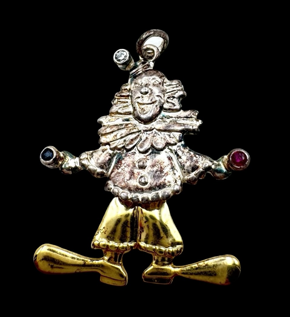 Vintage Two-Tone Gilt Sterling Silver Clown Pendant Charm & Gemstones in the Hands & Head (1 of 4)
