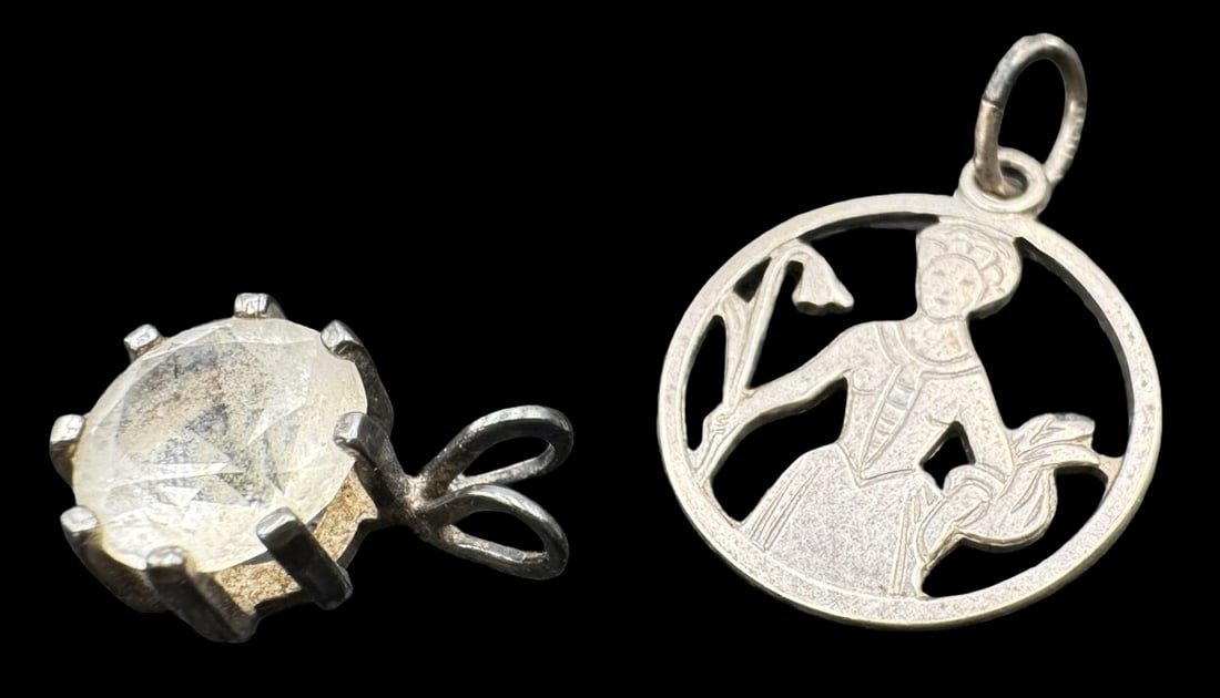 Vintage Sterling Silver & Clear Gemstone Charm & European 835 Silver Portrait Pendant: Very good Vintage condition with minor patina according to age. The largest piece measures approx. 5/8" diameter and weighs ca. 1.8 grams. Marked for Sterling Silver.& signed.