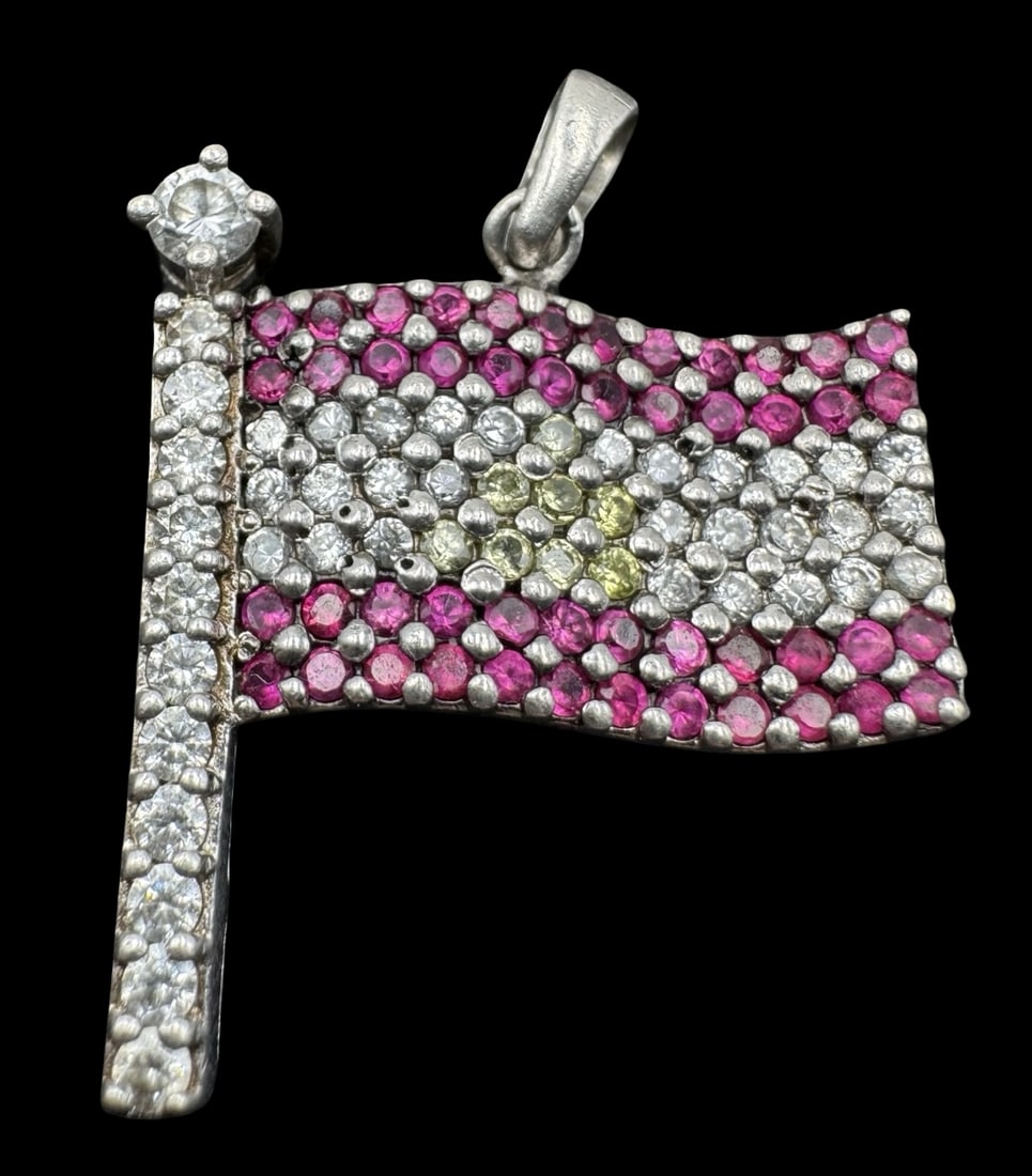 Vintage Sterling Silver & Pink, Yellow & Clear Rhinestone Cluster Flag Pendant: Very good vintage condition with minor patina according to age. Measures approx. 1 1/8" long and 1/8" wide & weighs ca. 5.3 grams. Marked for Sterling Silver.