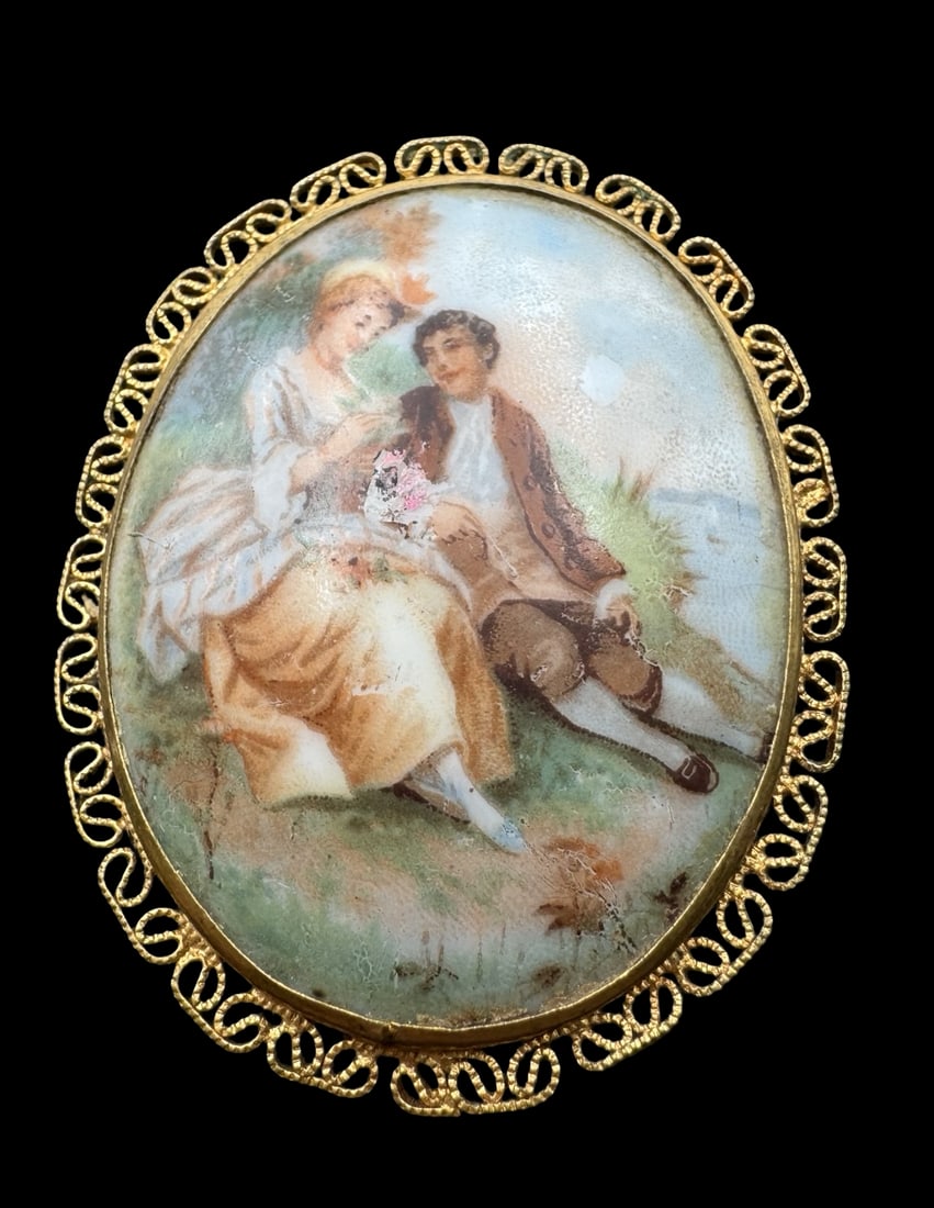 Ornate Antique Gold Metal Filigree & Painted Porcelain Plaque Brooch (1 of 3)