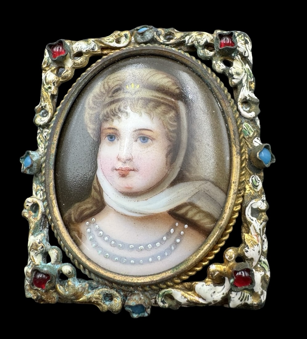 Ornate Antique 1850s European Hand Painted Portrait Porcelain Plaque Brooch & Multi-Color Gemstones: Very good vintage condition with minor patina according to age. Measures approx. 1 7/8" long and 1 5/8" wide.