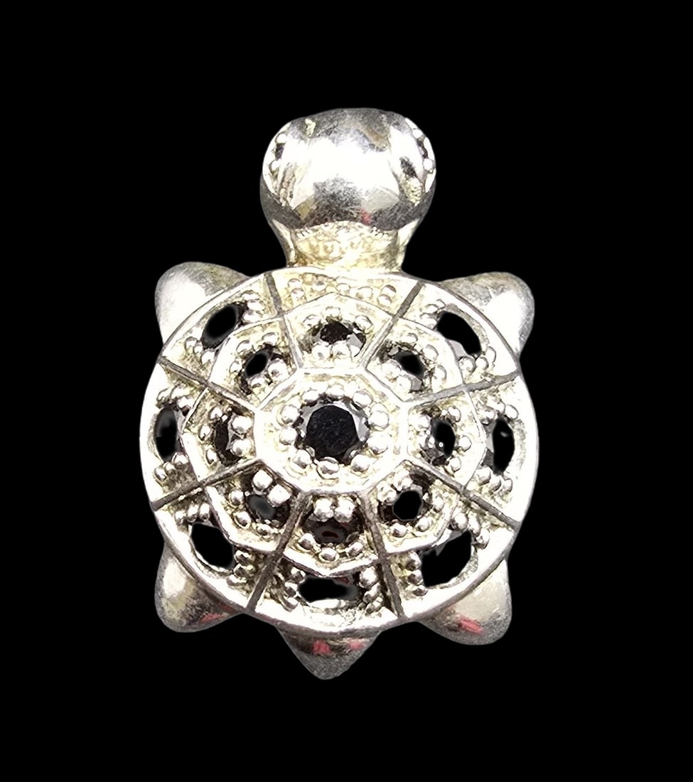 Very Unusual Vintage Sterling Silver & Gemstone Turtle Pendant (1 of 4)
