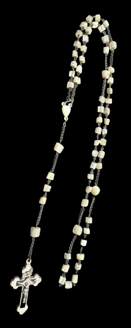 Vintage European Mother of Pearl Bead Rosary /w Metal Crucifix: Very good vintage condition with minor patina according to age. Measures approx. 19 " long and 7/8" wide.