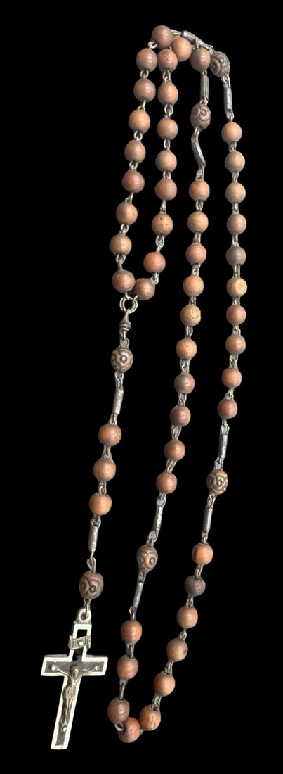 Vintage European Wood Bead Rosary /w Metal Crucifix: Very good vintage condition with minor patina according to age. Measures approx. 18 " long and 3/4" wide.