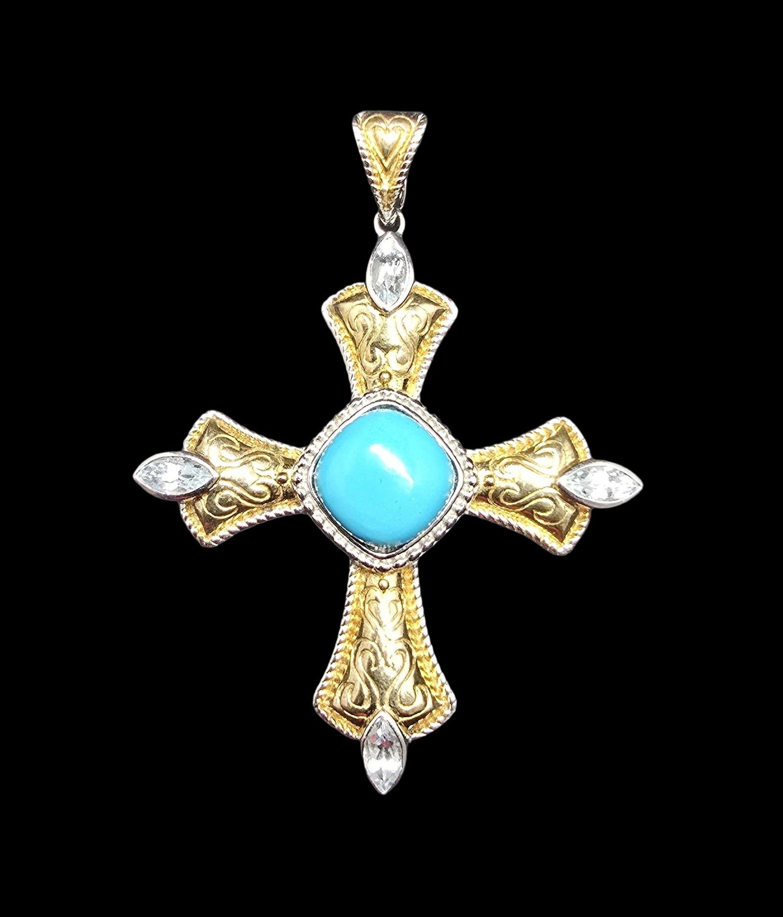 Beautiful Vintage Gilt Sterling Silver & Turquoise Religious Cross Pendant (1 of 3)