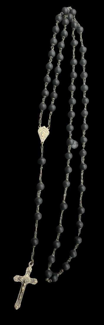 Vintage European Black Beads Rosary /w Metal Crucifix: Very good vintage condition with minor patina according to age. Measures approx. 21" long and 7/8" wide.