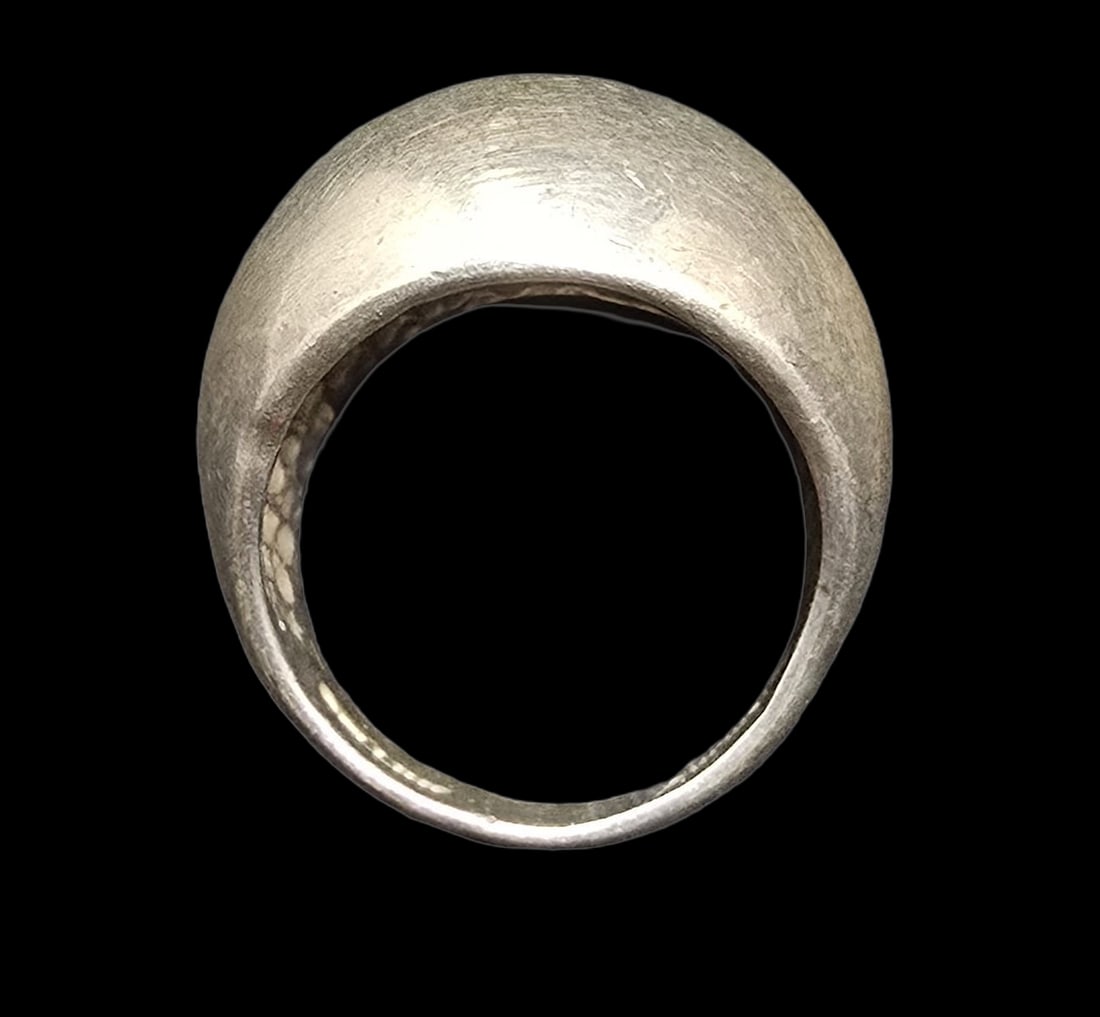 Very Unusual Vintage Mid-Century Modern Sterling Silver Dome Ring: Very good vintage condition with minor patina according to age. The ring is a size 5.5 and weighs ca. 9 grams. Marked for Sterling Silver.