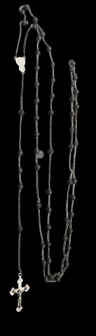 Vintage European Black Beads Rosary /w Metal Crucifix: Very good vintage condition with minor patina according to age. Measures approx. 30" long and 3/4" wide.