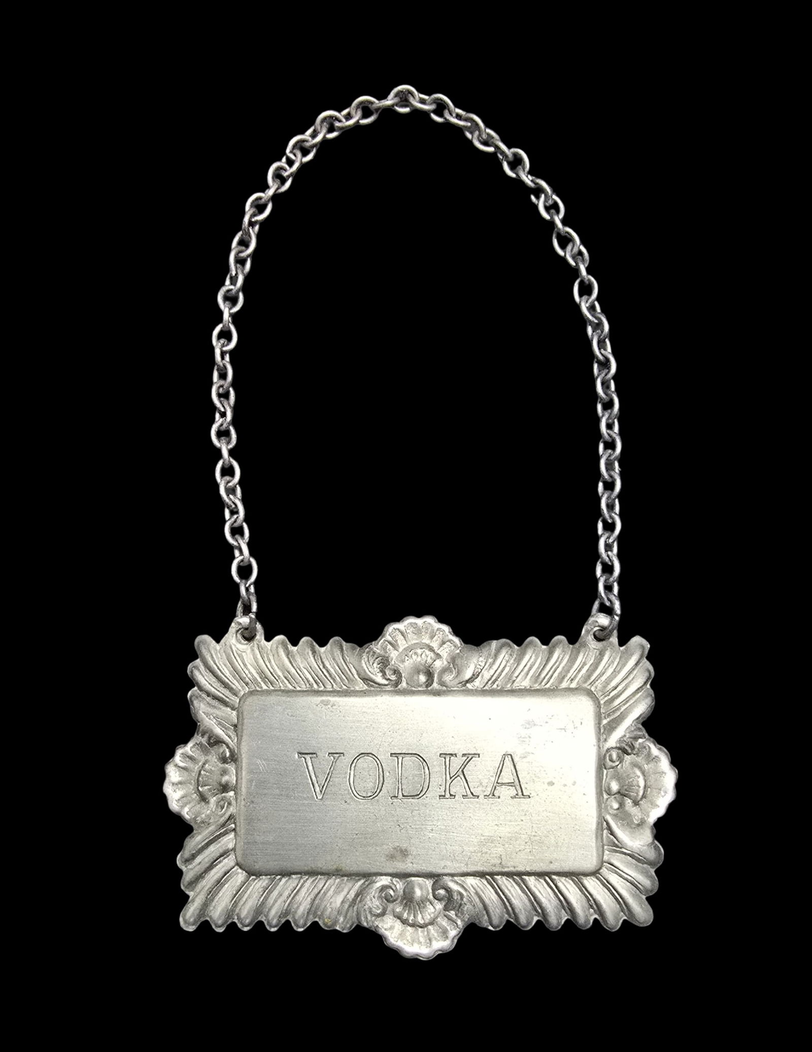 Ornate Vintage British Silverplate VODKA Bottle Sign (1 of 4)