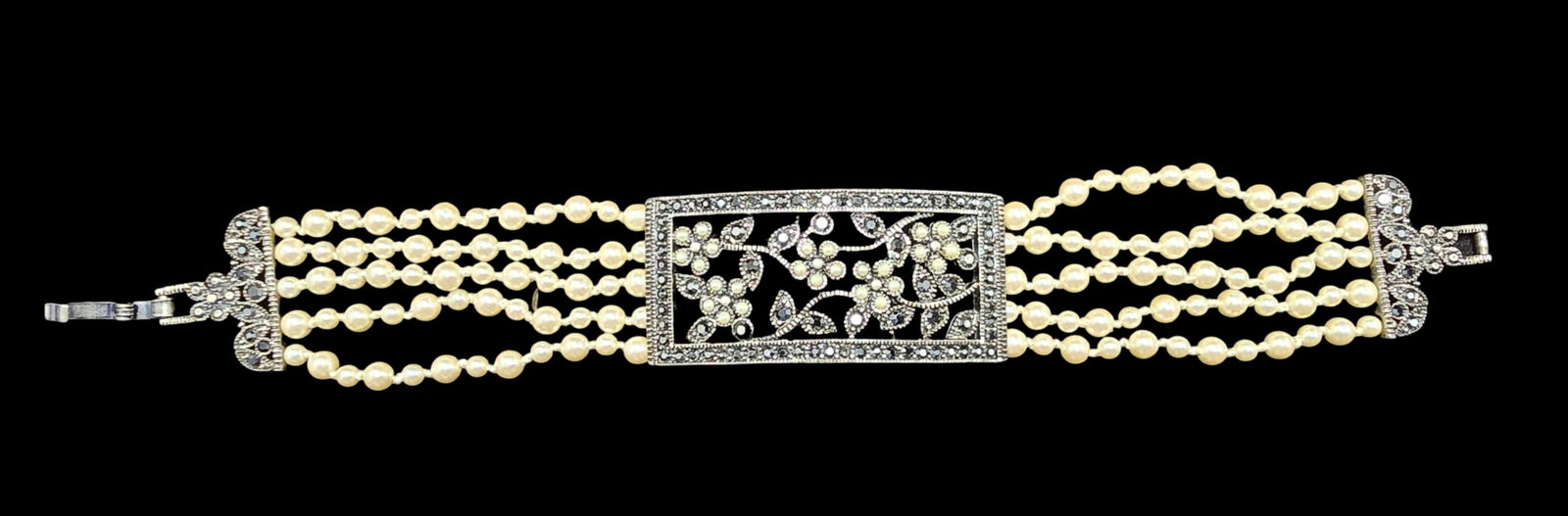 Gorgeous Vintage Silver-Tone Metal, Pearl & Rhinestone Bracelet (1 of 3)