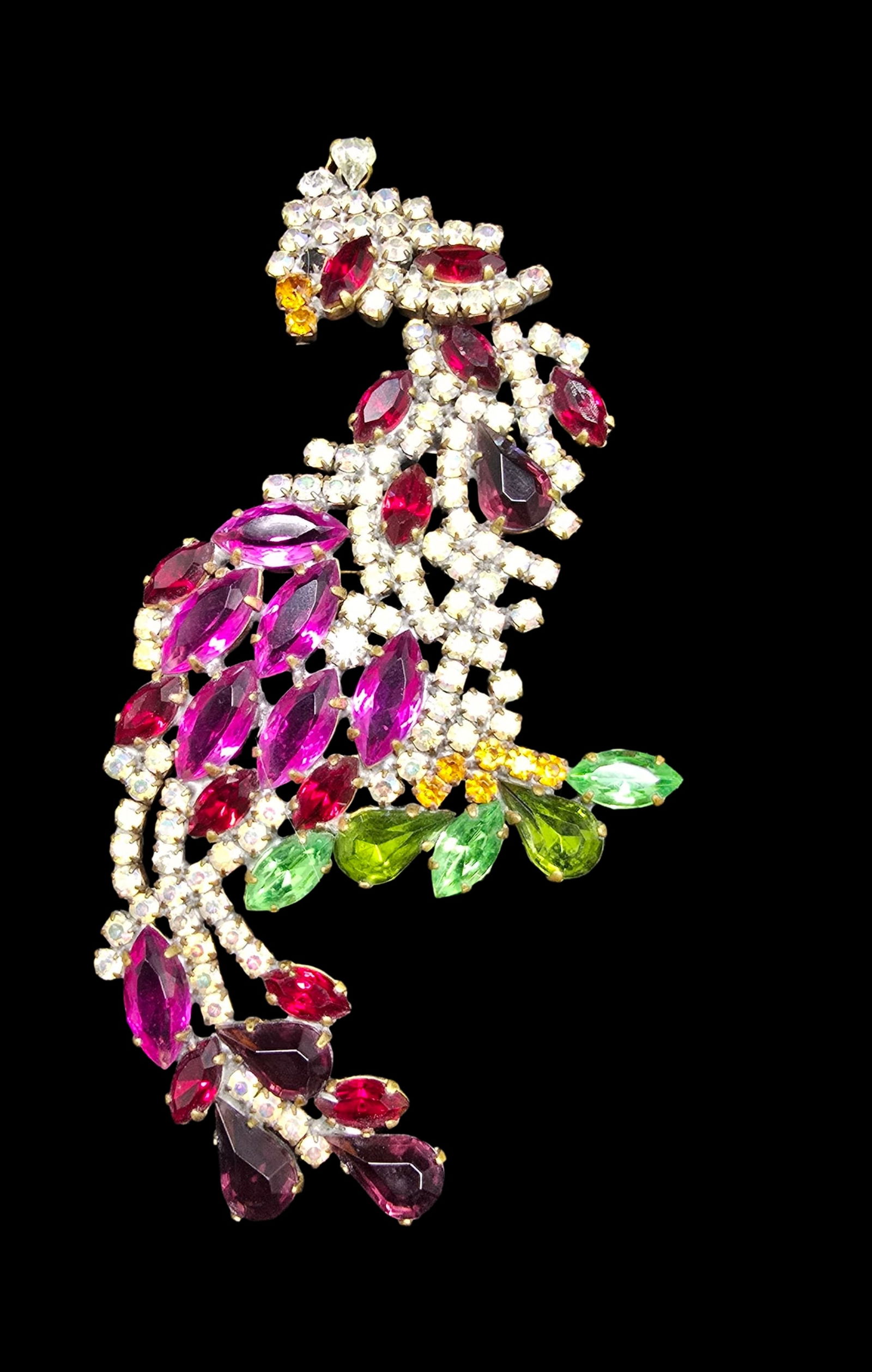 Gorgeous Vintage Czech LILIEN Multi-Color Rhinestone Peacock Costume Jewelry Brooch: Very good vintage condition with minor patina according to age. Measures approx. 5" long x 2" wide and weighs ca. 45 grams. Marked "LILIEN Czech".