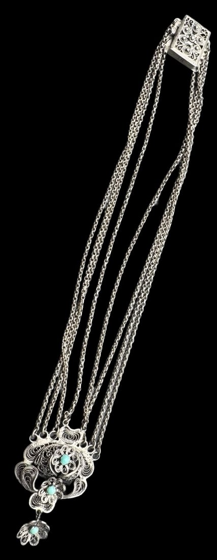 Ornate Antique ca. 1850 Austrian 800 Silver & Turquoise Filigree 4-Strand Choker Necklace (1 of 6)