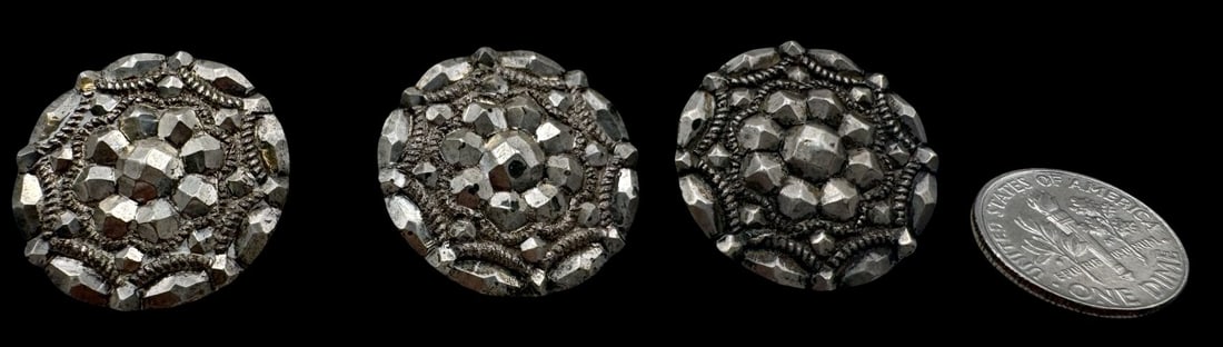 Set of 3 Antique Alpine Austrian European 800 Silver Buttons: Good antique condition with patina and wear according to age. Each measures approx. 1" in diameter and they jointly weigh ca. 12.4 grams.