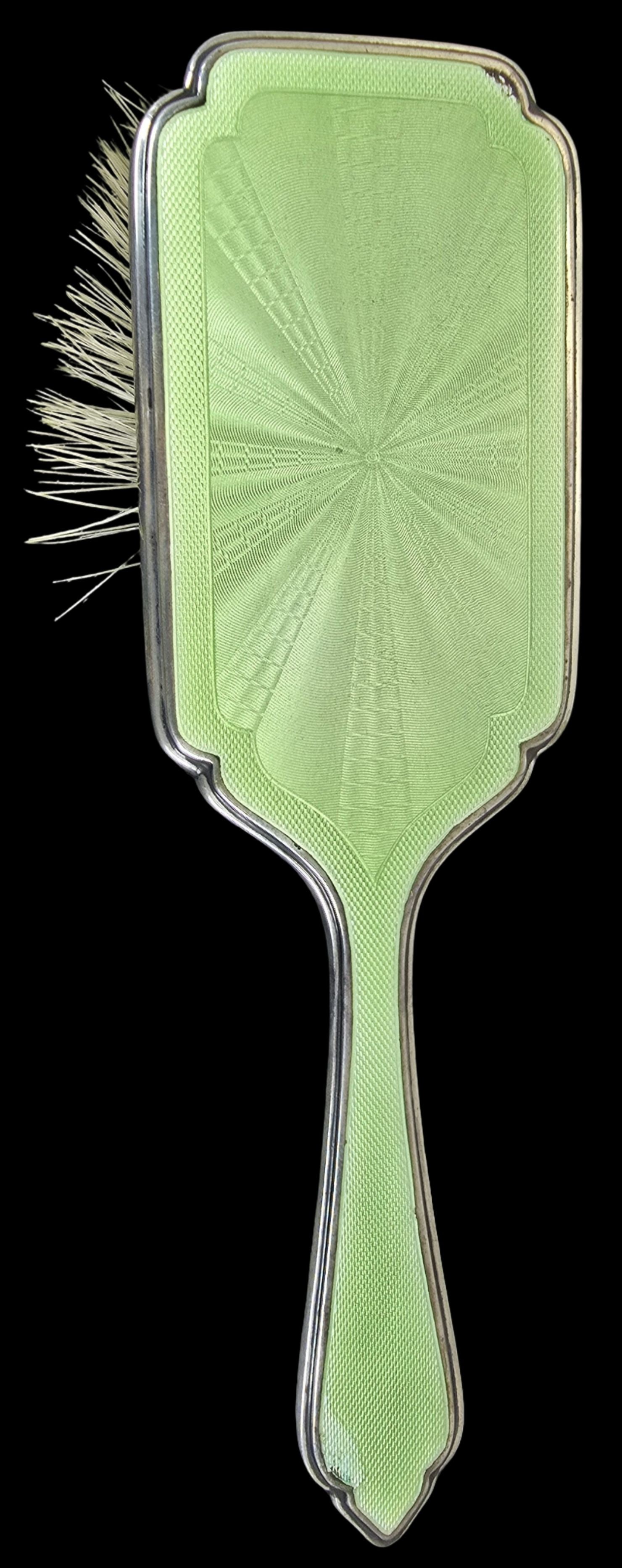 Antique British MAPPIN & WEBB Sterling Silver & Green Guilloche Enamel Brush: Very good vintage condition with minor patina according to age. Measures approx. 9" long and 3" wide and weighs ca. 161 grams. Marked.