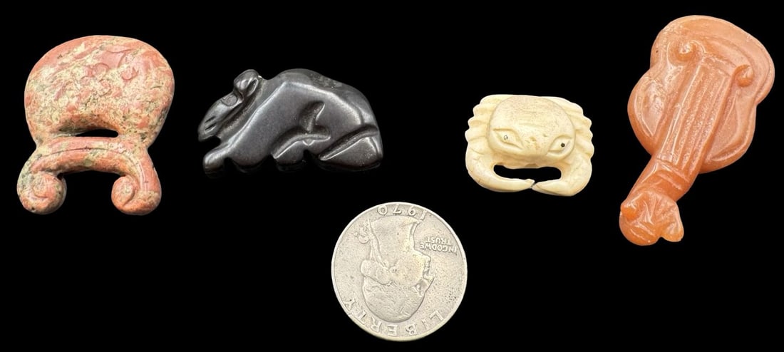 Jewelry Making Lot: 4 Hand Carved Figurine Beads: Very good condition with minor patina according to age. Violin measures approx. 1 7/8" long and 7/8" wide.