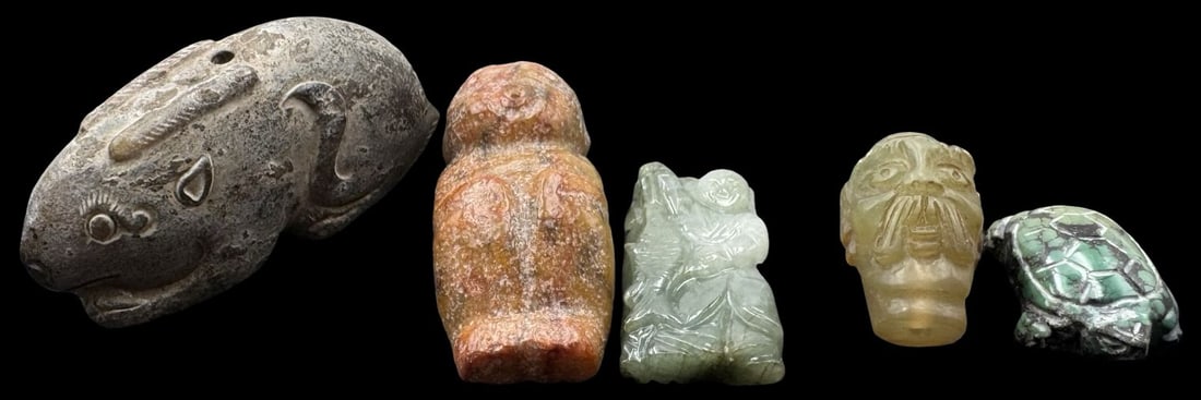 Jewelry Making Lot: 5 Hand Carved Figurine Beads: Very good condition with minor patina according to age. Mouse measures approx. 2 3/4" long and 1 1/8" wide.