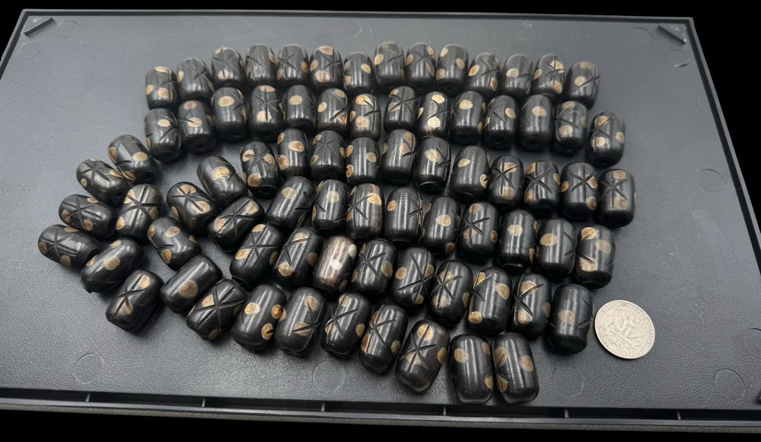 Jewelry Making Lot: Hand Carved Black Beads: Very good condition with minor patina according to age. Measures approx. 1" long and 5/8" wide.