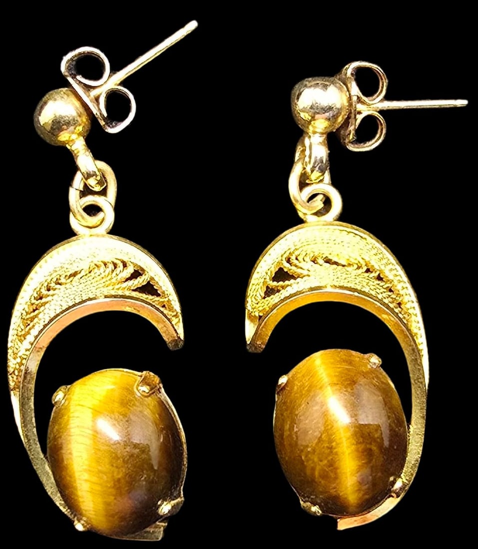 Gorgeous Vintage 12K Gold-Filled & Tiger's Eye Filigree Earrings (1 of 3)