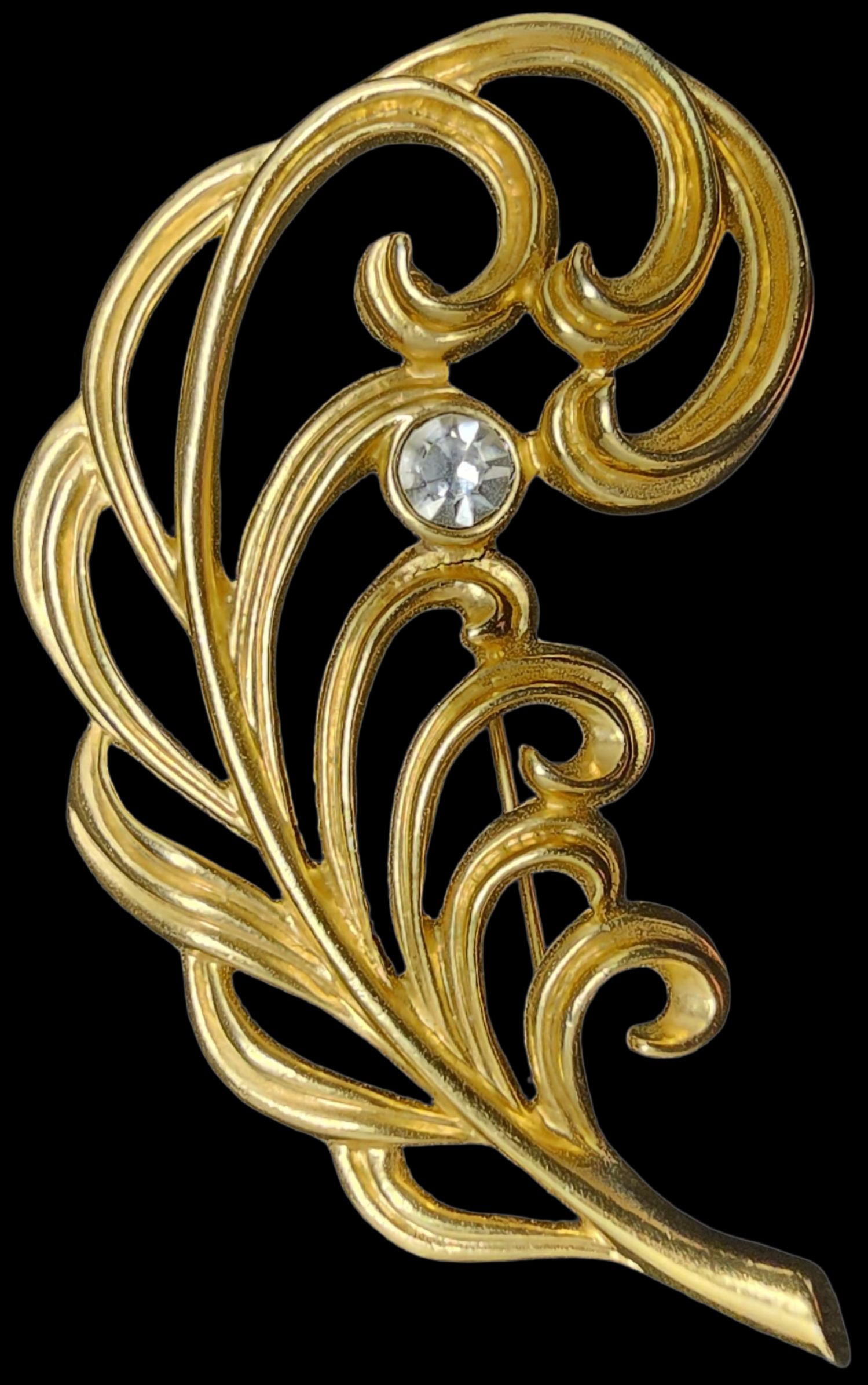 Stunning Vintage Costume Jewelry Gold-Tone Metal & Clear Rhinestone Feather Brooch (1 of 3)