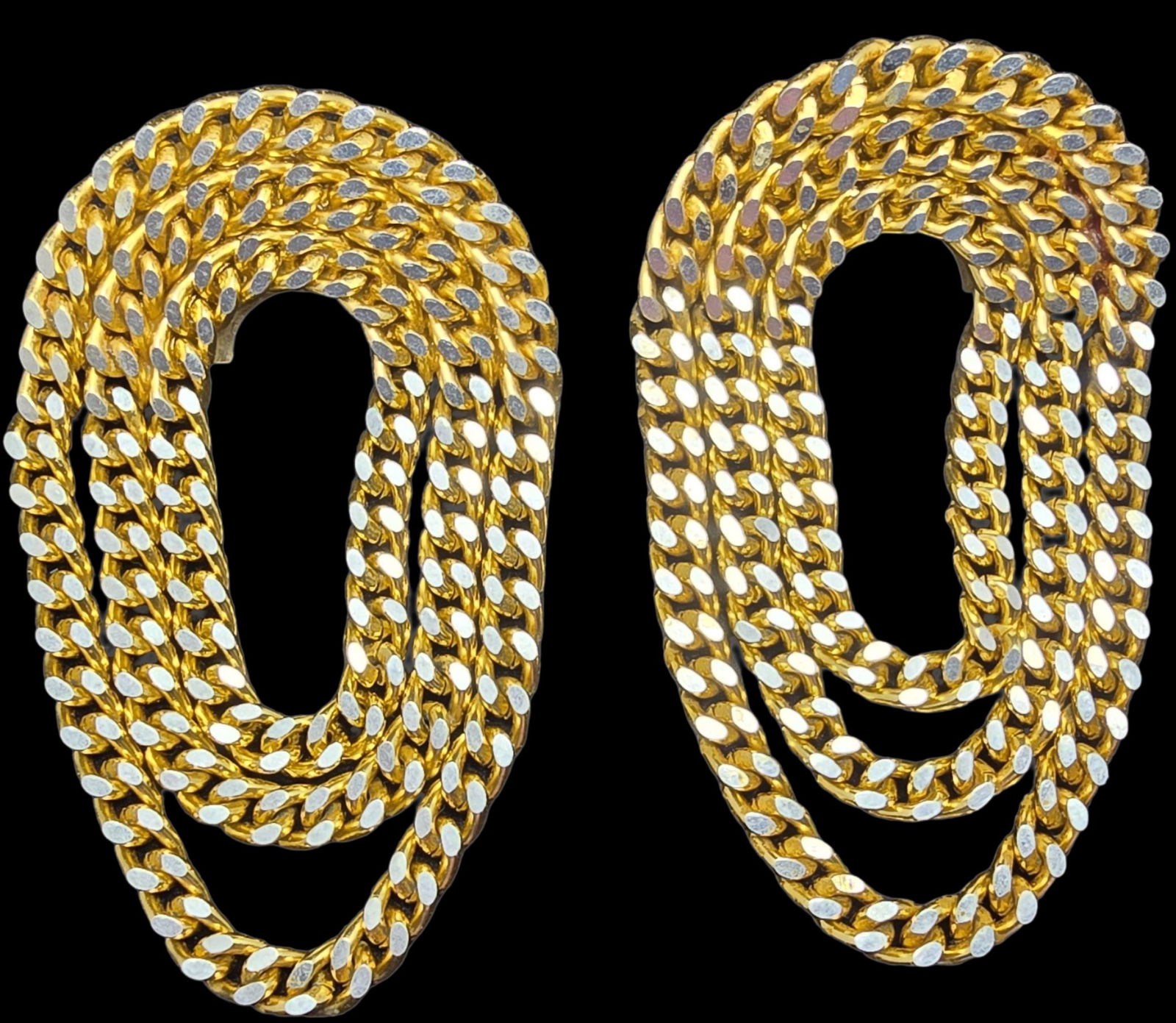 Stylish Large Vintage Gold-Tone Costume Jewelry Cuban Chain Earrings: Very good vintage condition with minor patina according to age. Each measures approx. 3" long x 2" wide and they jointly weigh ca. 11.5 grams.
