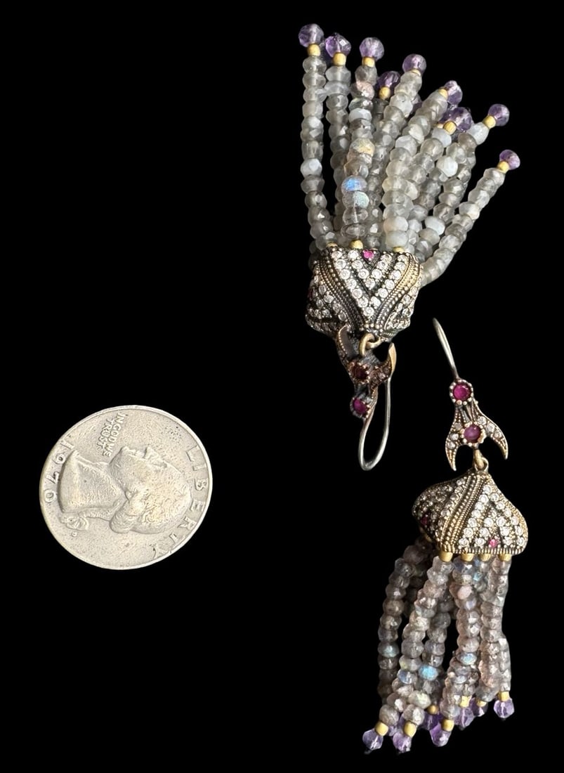 Costume Jewelry Multi-Color Cluster Earrings: Very good condition with minor patina according to age. For measurement reference please see coin in the picture.