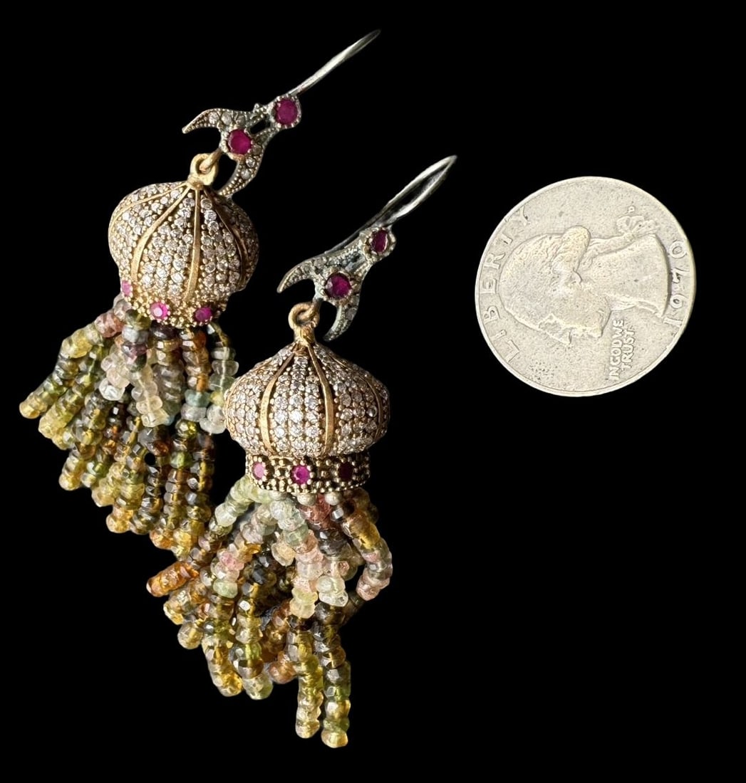 Costume Jewelry Multi-Color Cluster Earrings: Very good condition with minor patina according to age. For measurement reference please see coin in the picture.