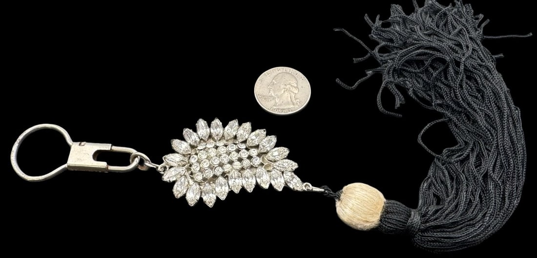 Costume Jewelry CORREANI Clear Rhinestone Cluster Key Chain: Very good condition with minor patina according to age. Measures approx.11 1/4" long and 1 1/2" wide. Made in Italy