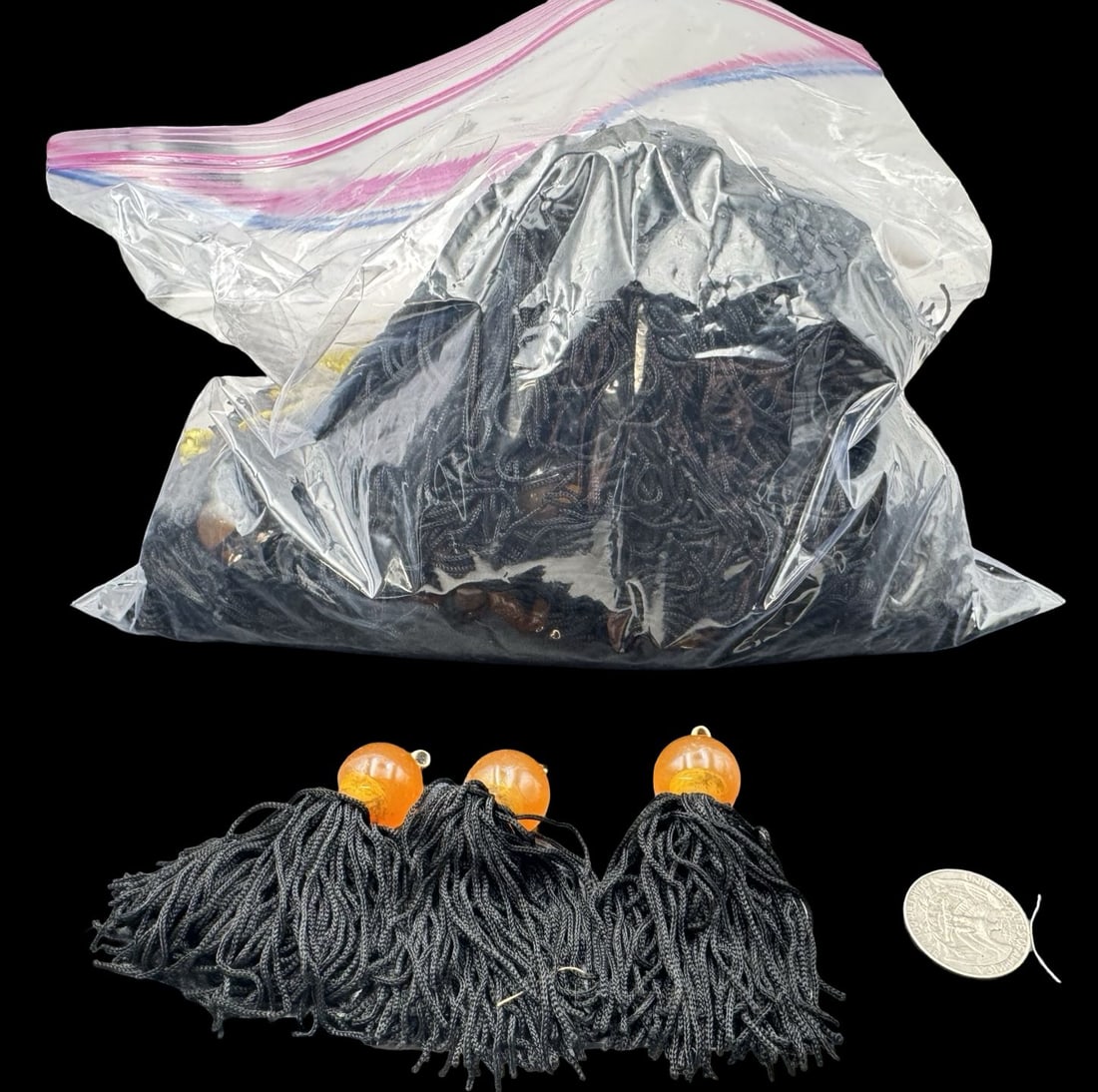 Jewelry Making Lot: Black & Orange Beads: Very good condition with minor patina according to age. For measurement reference please see coin in the picture.