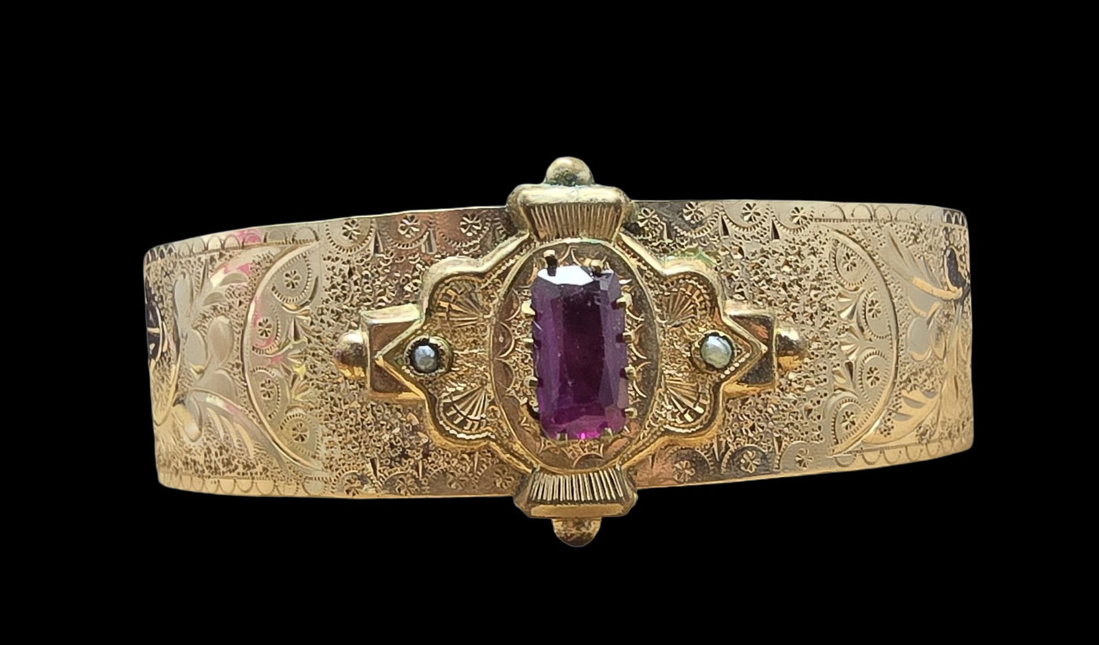 Ornate Antique Gold Filled & Purple Gemstone Cuff Bracelet (1 of 4)