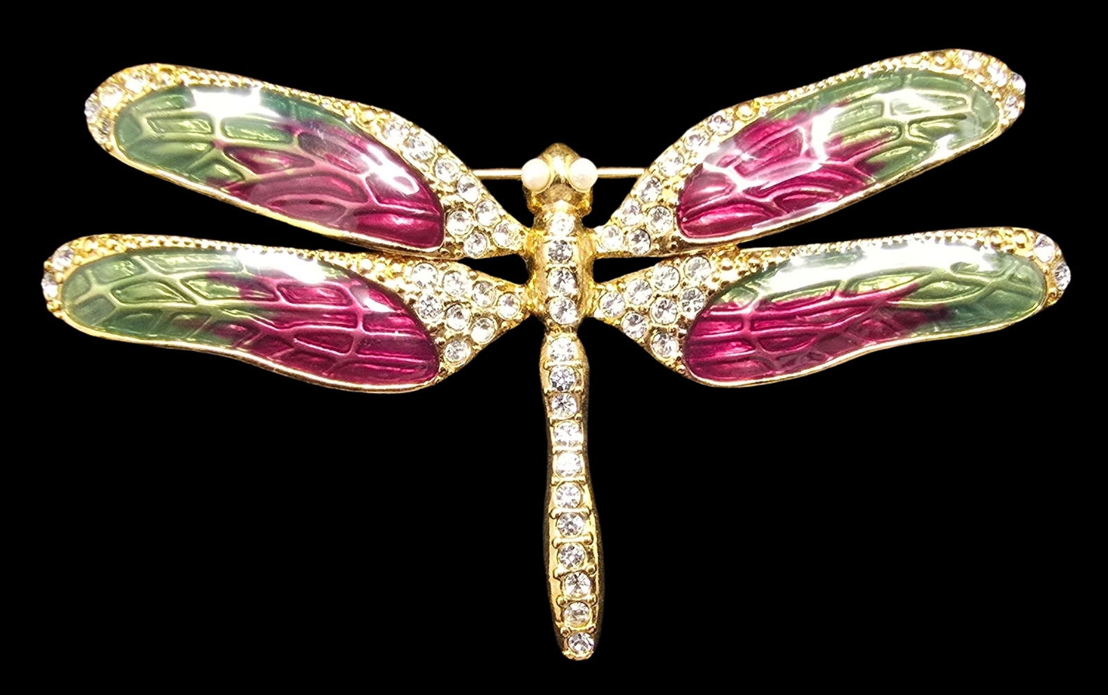 Beautiful Ornate Vintage Gold-Tone Metal, Colorful Enamel & Rhinestone Dragonfly Costume Jewelry (1 of 3)
