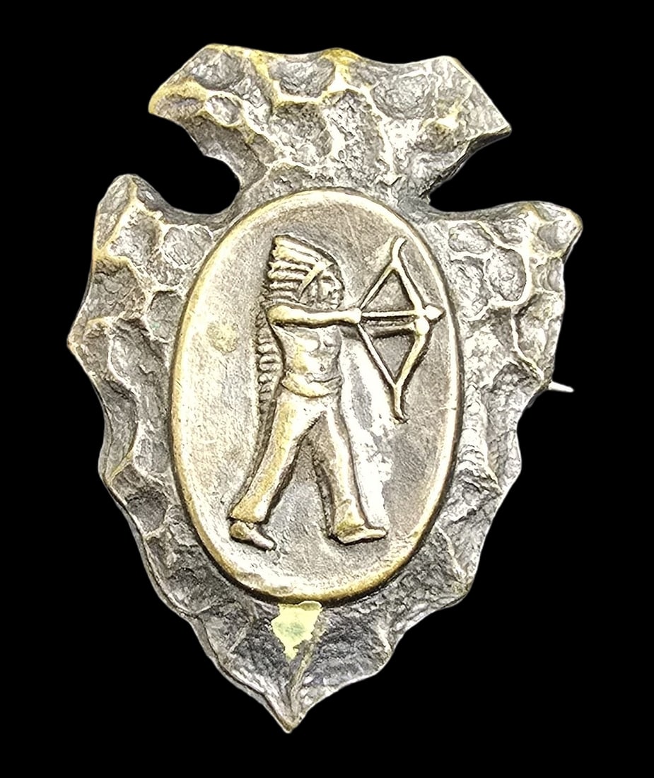 Unusual Vintage Mid-Century Silver-Tone Metal Native American Archer on Arrowhead Pin (1 of 2)