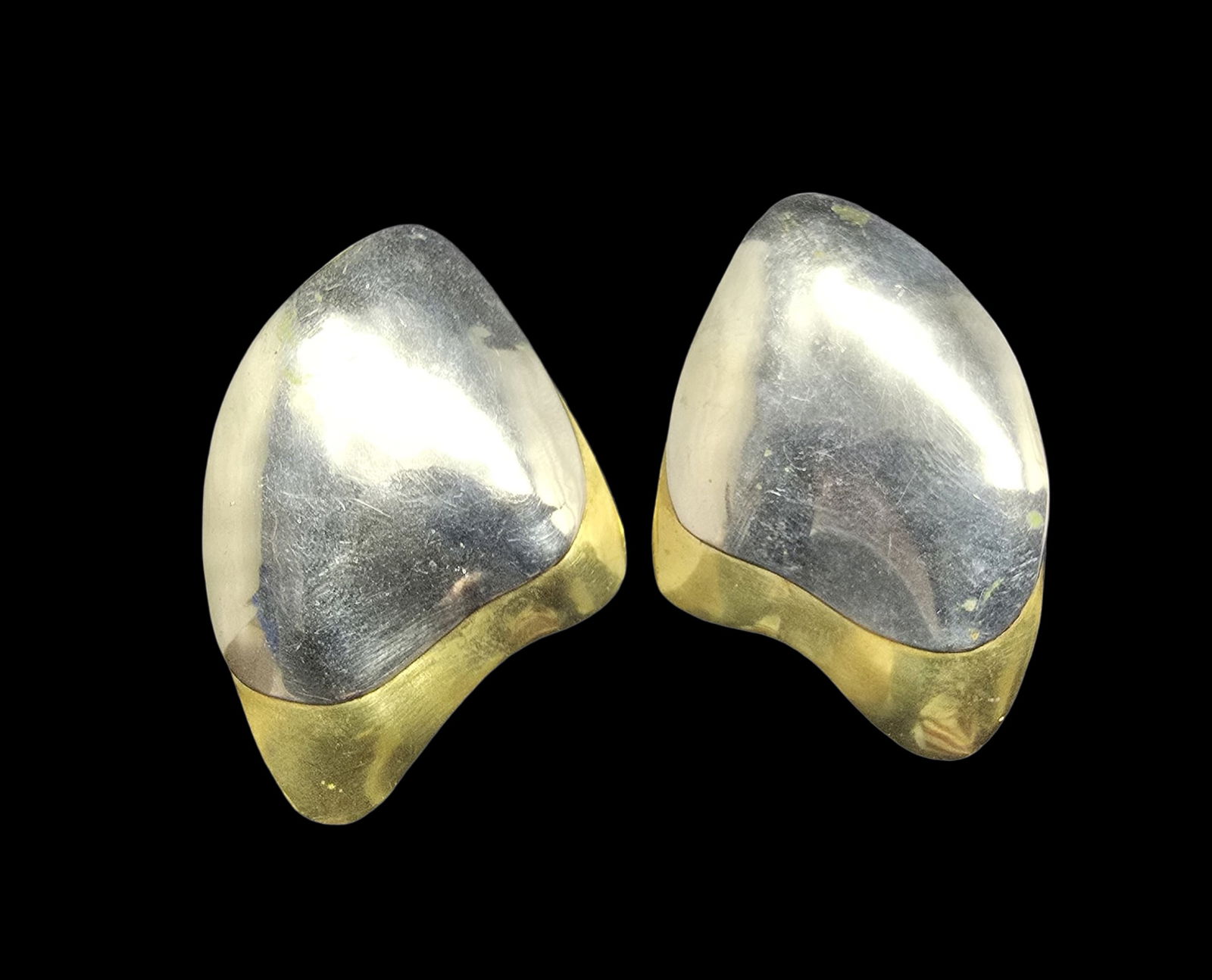 Stunning Large Vintage Two-Tone Sterling Silver Earrings: Very good vintage condition with minor patina according to age. Each measures approx. 2" long x 1 1/2" wide and they jointly weigh ca. 18 grams. Tested for Sterling Silver.