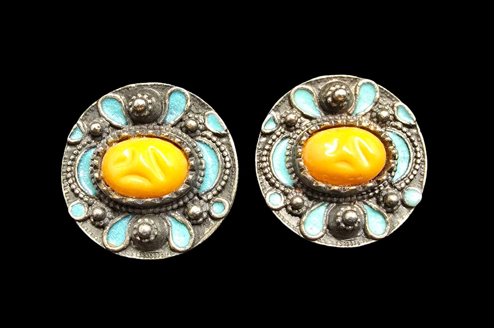 Very Rare 1920s Arts and Crafts Silver Coin, Turquoise Enamel & Yellow Gemstone Earrings (1 of 4)