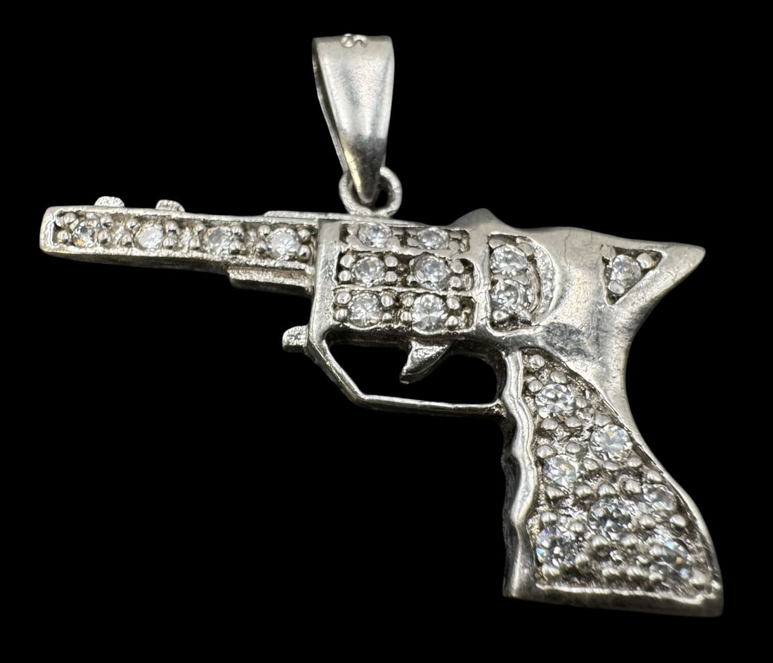 Vintage Sterling Silver & Clear Gemstone Pendant Charm: Very good vintage condition with minor patina according to age. Measures approx. 1" long x 1 1/8" wide and weighs ca. 2.8 grams. Marked for Sterling Silver.