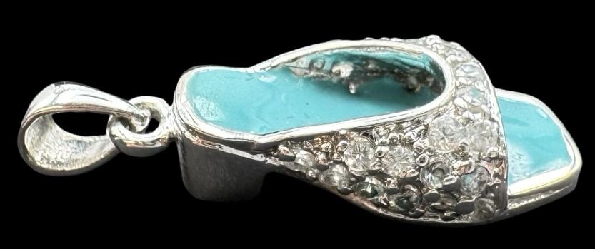 Vintage Sterling Silver, Blue Enamel & Clear Rhinestone Shoe Pendant Charm: Very good vintage condition with minor patina according to age. Measures approx. 1" long and 3/8" wide and weighs ca. 3 grams. Marked for Sterling Silver