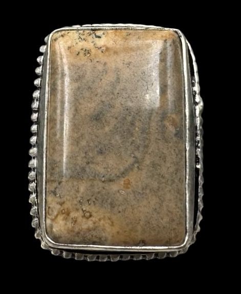 Massive Vintage Rectangular Sterling Silver & Brown Gemstone Ring: Very good vintage condition with minor patina according to age. Measures approx. 7/8" long x 5/8" wide and weighs ca. 6.4 grams. The ring is a size 6. Marked for Sterling Silver.