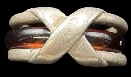 Very Unusual Vintage Sterling Silver & Amber or Art Glass Ring: Very good vintage condition with minor patina according to age. Measures approx. 1/4" long and 1/4" wide and weighs ca. 3 grams. The ring is a size 4 1/2. Marked for Sterling Silver.